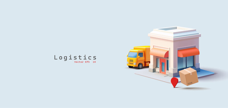Truck, shop building, boxes, location, 3D. Logistics, delivery of goods, orders. Online store, warehouse. Merchandise. Vector illustration.