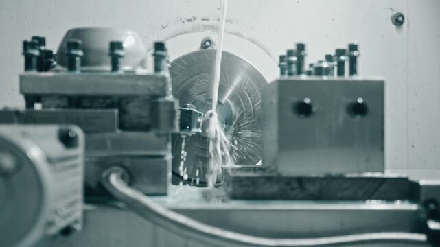 High-speed cnc machine milling metal with cooling liquid. Precision engineering and metalworking process in action. Industrial machinery at work