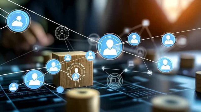High-tech environment where AI manages customer data exchange, featuring a wooden block with a target icon connected to human icons and focus groups