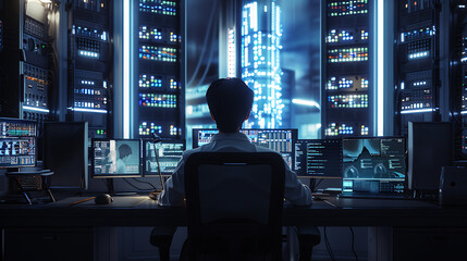 A male IT worker sits at his desk in front of computer monitors and looking computer screen, seen from behind and looking over the of an AI system that processes data on monitor displaying code

