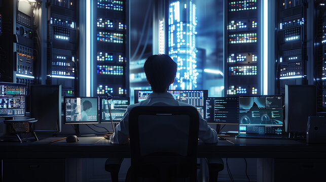 A male IT worker sits at his desk in front of computer monitors and looking computer screen, seen from behind and looking over the of an AI system that processes data on monitor displaying code