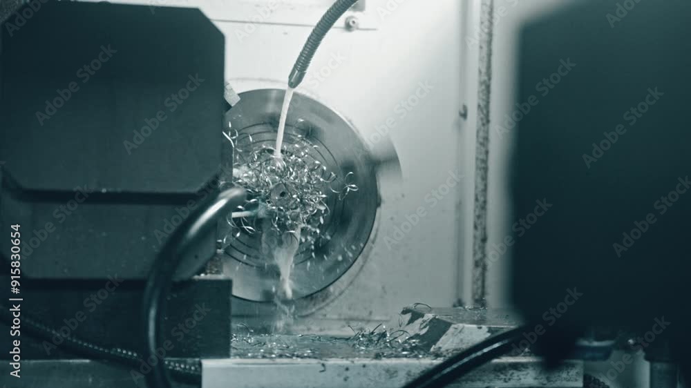Poster high-precision cnc machine cutting metal with cooling fluid for temperature control. detailed view o