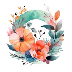 Watercolor floral wreath with orange and pink flowers.