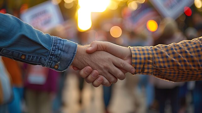 A detailed photo of a handshake between a politician and a supporter at a lively political rally, with people and campaign signs in the background. The handshake is warm,