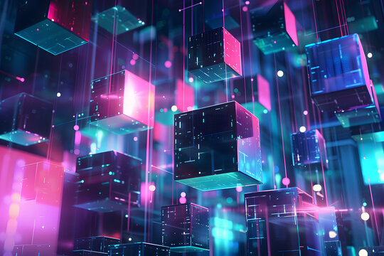 abstract geometric pink and blue neon background. many futuristic cubes in space. 3D illustration