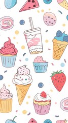 A variety of illustrated desserts, including ice creams, cupcakes, and sugary treats on a vibrant backdrop