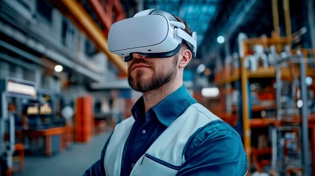 Engineer in a white VR headset at a high-tech factory. The future of manufacturing and innovation