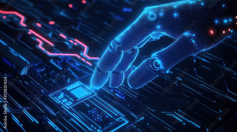 Poster digital hand interacting with a circuit board