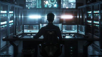 A male IT worker sits at his desk in front of computer monitors and looking computer screen, seen from behind and looking over the of an AI system that processes data on monitor displaying code
