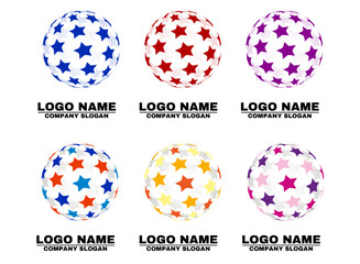 Six spherical logos with colorful star patterns and customizable text