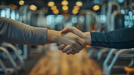 A professional photo of a handshake between a fitness trainer and a client in a gym, captured from a slightly elevated angle. The background includes multiple fitness machines and gym-goers.