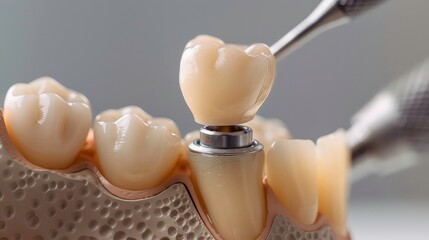 A close-up view of a dental implant, a metal post that is surgically inserted into the jawbone to hold a replacement tooth.