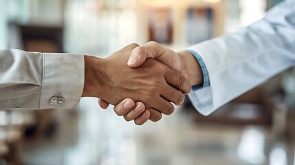 A realistic capture of a handshake between a patient and a doctor in a busy clinic, with a view of the reception area and medical posters. The handshake is strong,