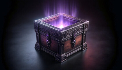A purple box with a purple light inside, surrounded by a purple aura, sits on a black surface.