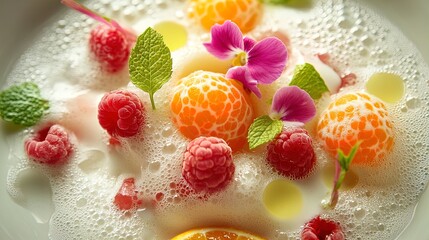 Exquisite Gourmet Dessert Poster: Vibrant Fruit Arrangement with Orange & Raspberry Spheres, Frothy Bubbles, and Floral Accents - Perfect for Elevating Any Culinary Space or Modern Interior!