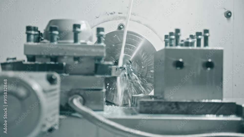 Poster close-up of a cnc lathe machine turning metal with coolant fluid spraying during the machining proce