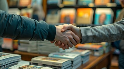 A realistic photo of a handshake between an author and a fan at a bustling book signing event, captured from a close-up angle.