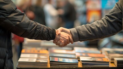 A realistic photo of a handshake between an author and a fan at a bustling book signing event, captured from a close-up angle.