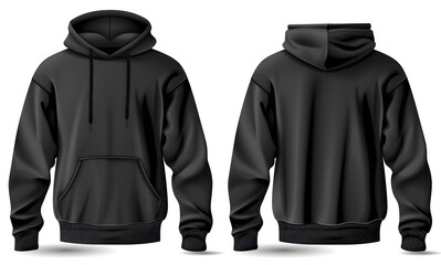 Template blank flat Black hoodie. Hoodie sweatshirt with long sleeve flatlay mockup for design and print. Hoody front and back top view isolated on white background isolated on white background design