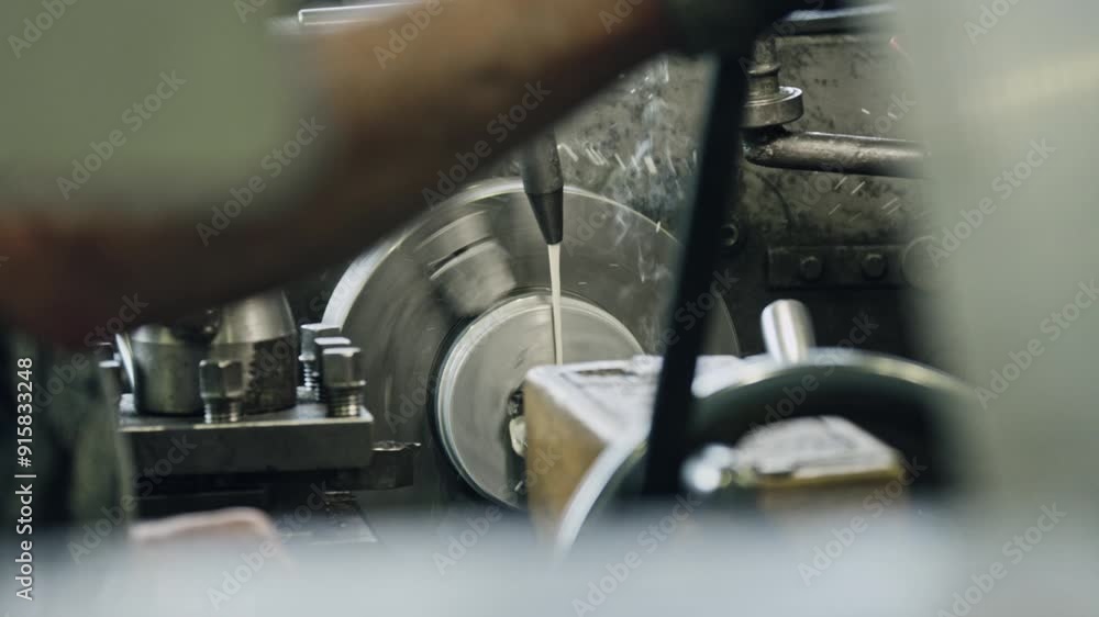 Poster cnc machinist operating lathe machine, cutting metal with precision in an industrial workshop. focus