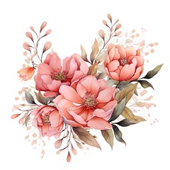 Watercolor floral bouquet with pink flowers and leaves isolated on white background.