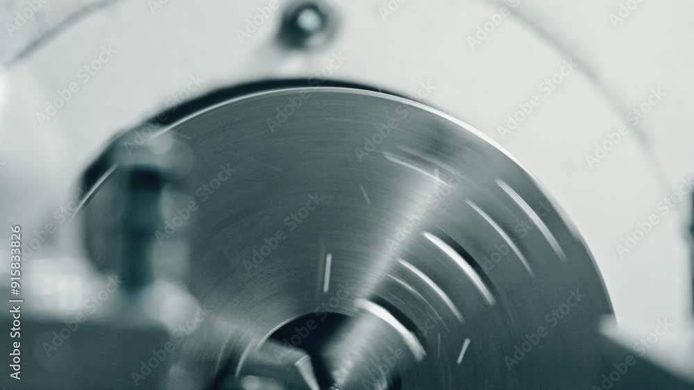 Poster close-up of a high-speed metalworking lathe machine in action, showcasing precision cutting and shap