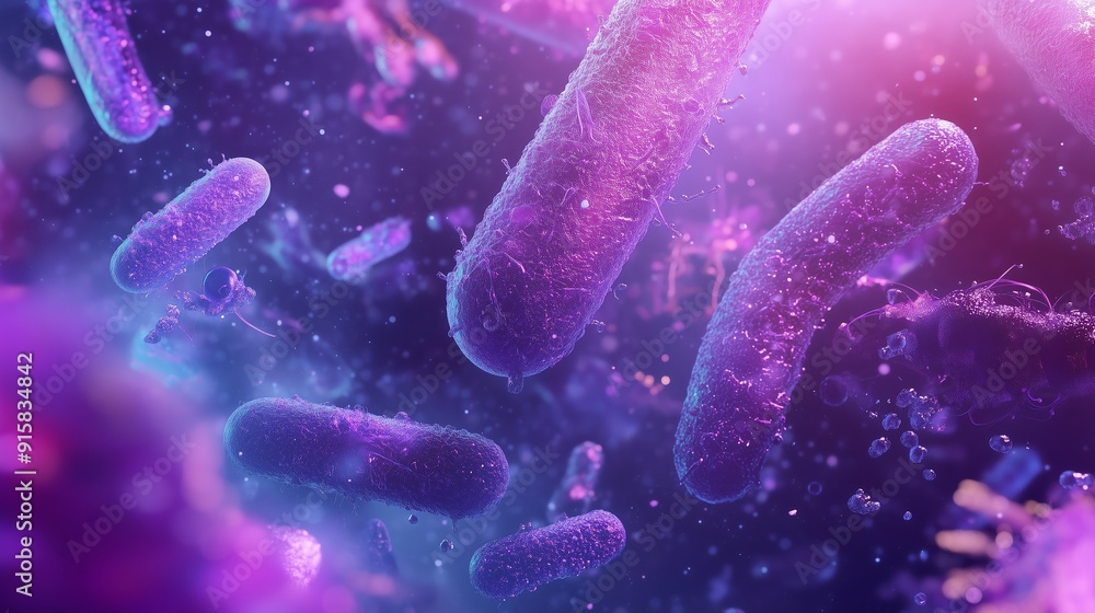 Poster microscopic view of bacteria in vibrant colors showcasing cellular structures in a laboratory settin