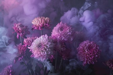 pink and purple chrysanthemums in muted colors with mauve smoke autumn color scheme
