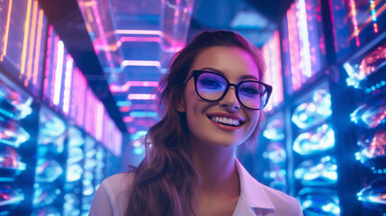 Female technician working in data center running diagnostics and maintenance on the system
