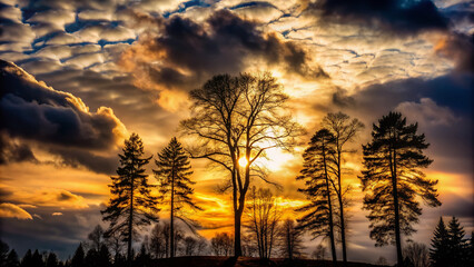 Obraz premium Silhouetted trees stand tall against a dramatic black sky, their branches etched in intricate detail, as the sun sets behind a veil of dark clouds.