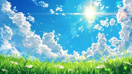 Obraz premium Sunny day weather on beautiful blue sky and green grass. Japanese illustration style.