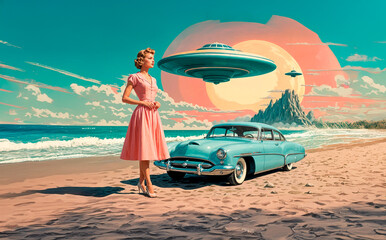 1950s themed surreal illustration of a woman meeting and greeting a ufo