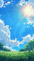 Fototapeta premium Sunny day weather on beautiful blue sky and green grass. Japanese illustration style.