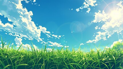 Obraz premium Sunny day weather on beautiful blue sky and green grass. Japanese illustration style.