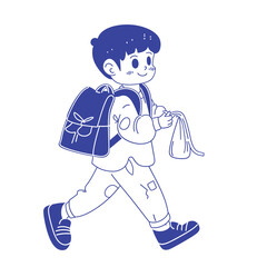 Cute cartoon schoolboy walking with a backpack, blue and white illustration.