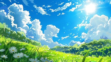 Fototapeta premium Sunny day weather on beautiful blue sky and green grass. Japanese illustration style.