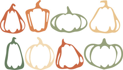 big set of autumn pumpkins logos drawn with curved contours in pastel autumn color in abstract style, vector