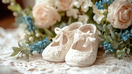 children's booties white background flowers. Selective focus
