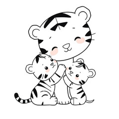 Obraz premium Cute kawaii tiger and baby cartoon character coloring page on an Isolated transparent background. generated with AI