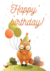 Childrens cute greeting card. Happy birthday celebration featuring a cheerful cartoon owl holding balloons. Vector.