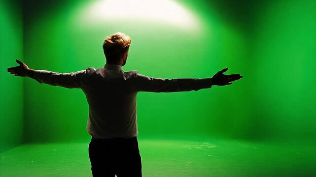 Steadicam tracking a blonde man from behind with his arms outstretched walking in silhouette against a chroma key green screen on a film set.