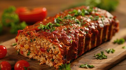 Tasty homemade ground baked turkey meatloaf on wooden table. Food american meat loaf.