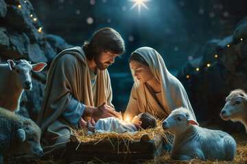 Mary and Joseph with baby Jesus in the manger, surrounded by animals, illuminated by the Star of Bethlehem