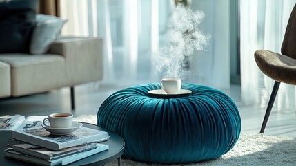 Stylish Urban Comfort: Teal Pouf and Sleek Coffee Table – Perfect for Your Cozy Apartment Poster or Art Display!