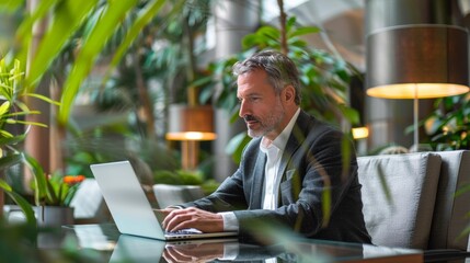 Mature businessman focused on laptop, seated at modern workspace surrounded by greenery, busy working on project, contemplating strategies for success.