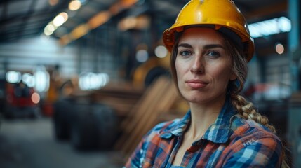 Confident young woman wearing yellow hard hat and flannel shirt stands in industrial warehouse, arms crossed, overseeing construction site operations, embodying leadership in a male-dominated industry