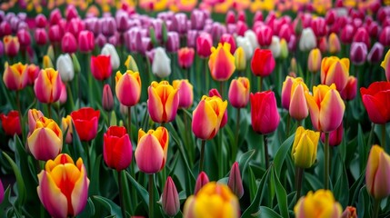 Vibrant field of tulips in various colors including red, yellow, pink, and purple, showcasing natural beauty and springtime blooms, brightening landscape with floral diversity.