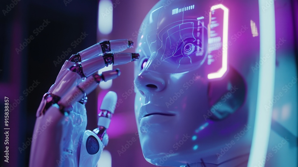 Poster artificial intelligence: a close-up portrait of a thinking robot