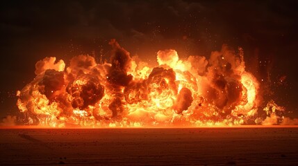 Obraz premium Explosive fireball erupts in desert landscape, bright flames and smoke create dramatic scene, showcasing power and intensity of an explosion, chaos and destruction.