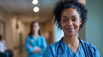 Confident black female nurse smiling at camera in hospital corridor, supportive colleague in background, skilled healthcare professionals dedicated to patient care and well-being.